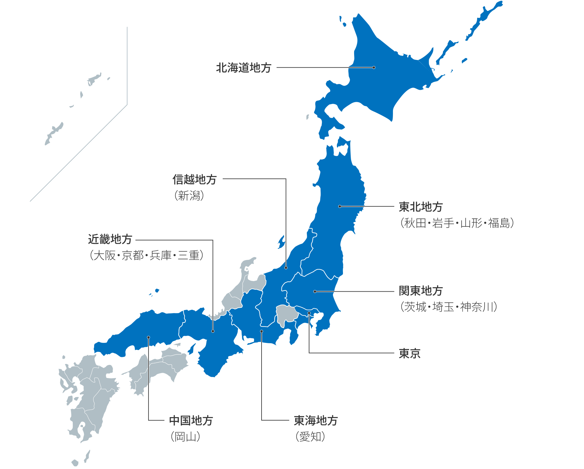 図：国内グループ拠点地図。日本地図に拠点がある場所を示しています。