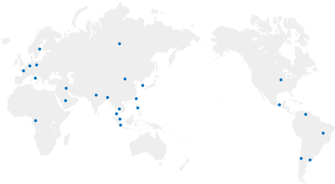 図：世界地図の上に、技術ライセンスを行った地域をプロットして示す。