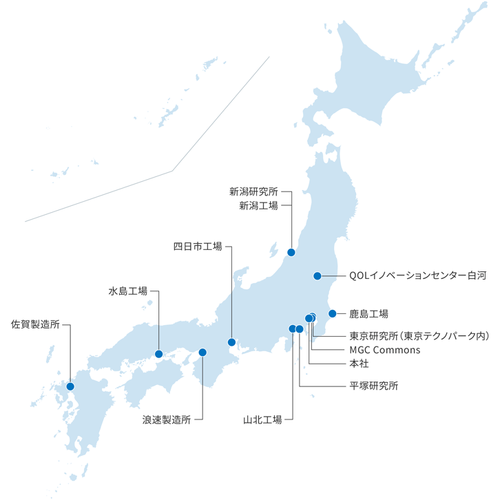 図：国内事業所。日本地図に各地の事業所をプロットしている。