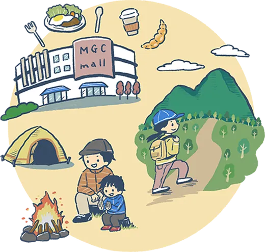 キャンプや登山、ショッピングモールなど、家族で楽しむ休日の過ごし方を描いたイラスト