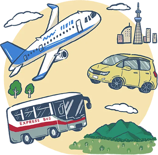 飛行機や高速バス、車など、さまざまな移動手段と都市風景を表現したイラスト