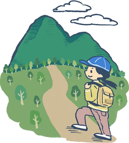 緑の山と小道を背景に、リュックを背負った人物が登山を楽しんでいるイラスト