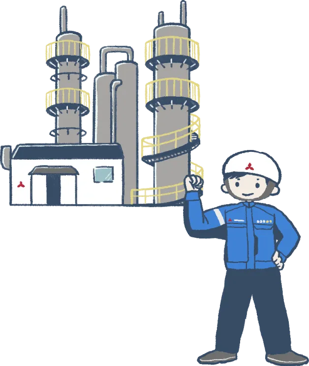 配管や塔が立ち並ぶ工場施設の前で、現場担当者が安全確認や案内を行う様子を描いた図