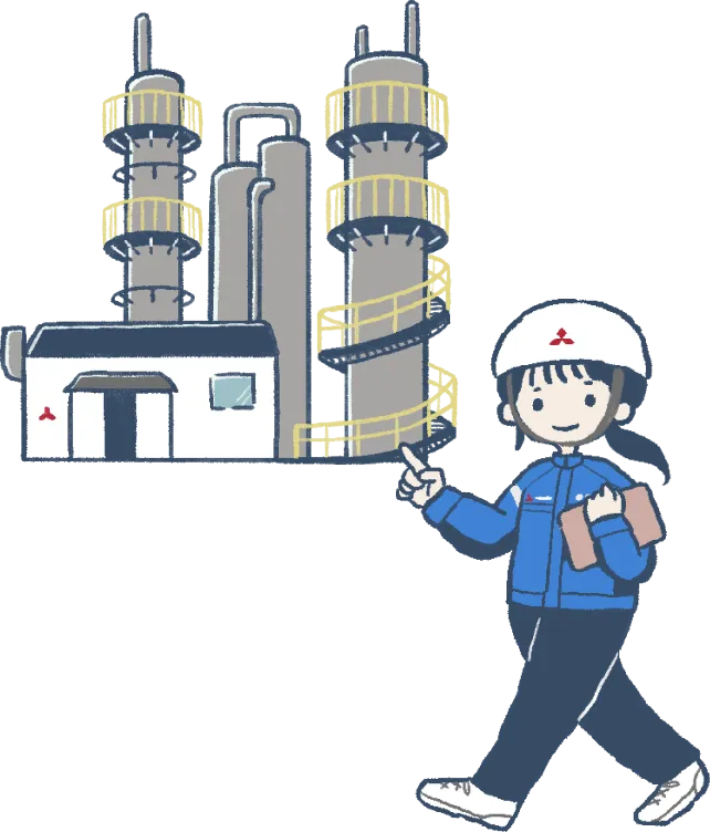 配管や塔が立ち並ぶ工場施設の前で、現場担当者が安全確認や案内を行う様子を描いた図