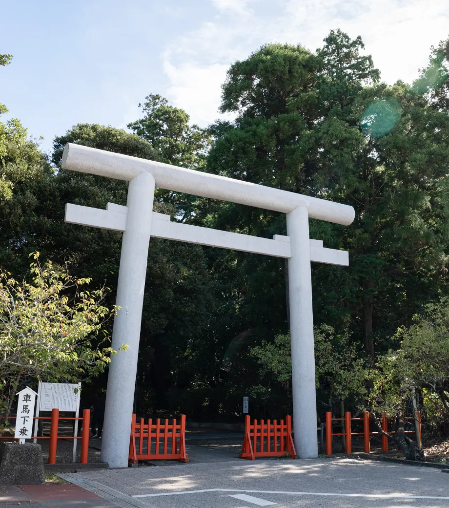 緑豊かな森を背景に、白い大きな鳥居が堂々と立つ神社入口の風景