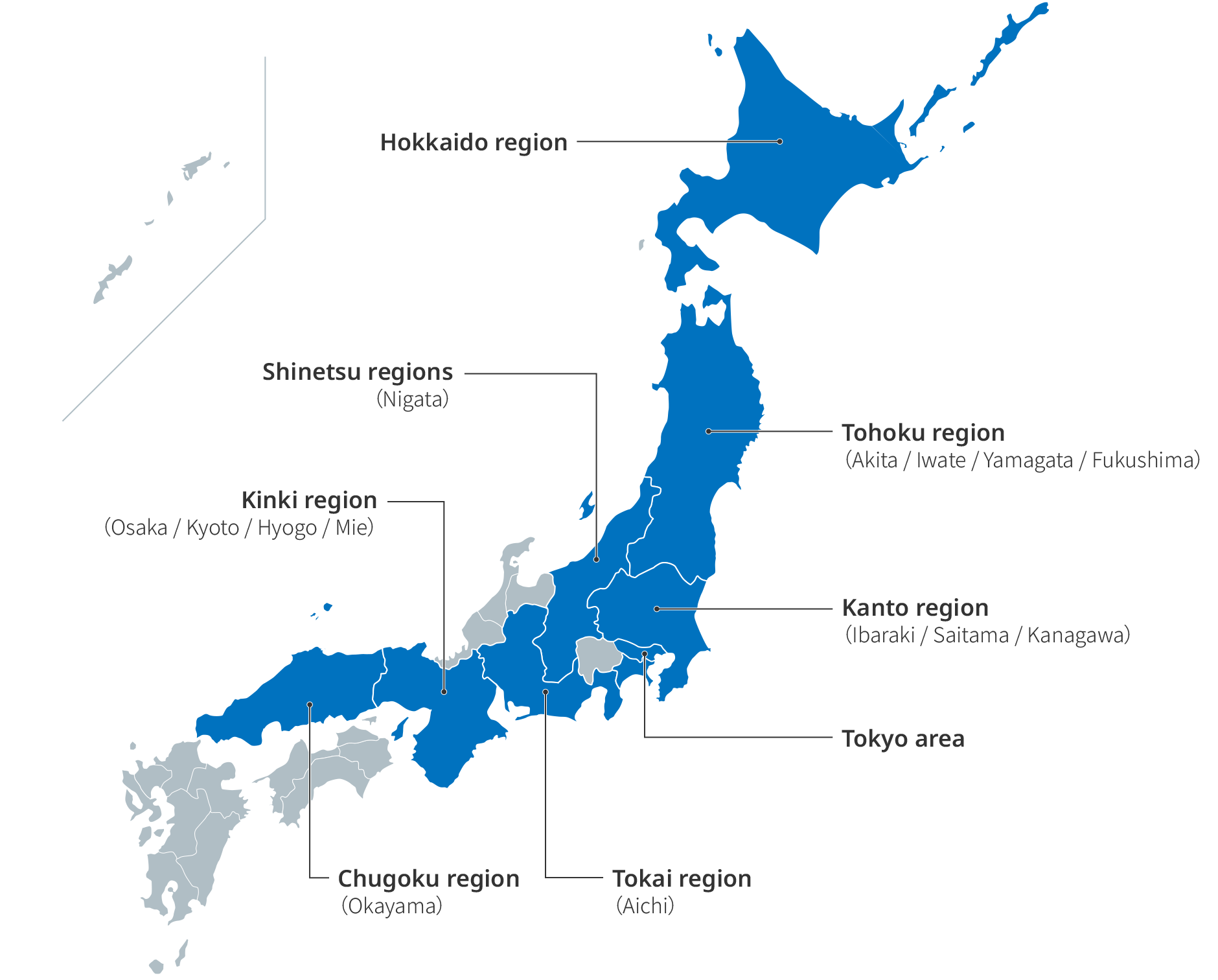 figure:the map of domestic group locations. It shows where the bases are on the map of Japan.