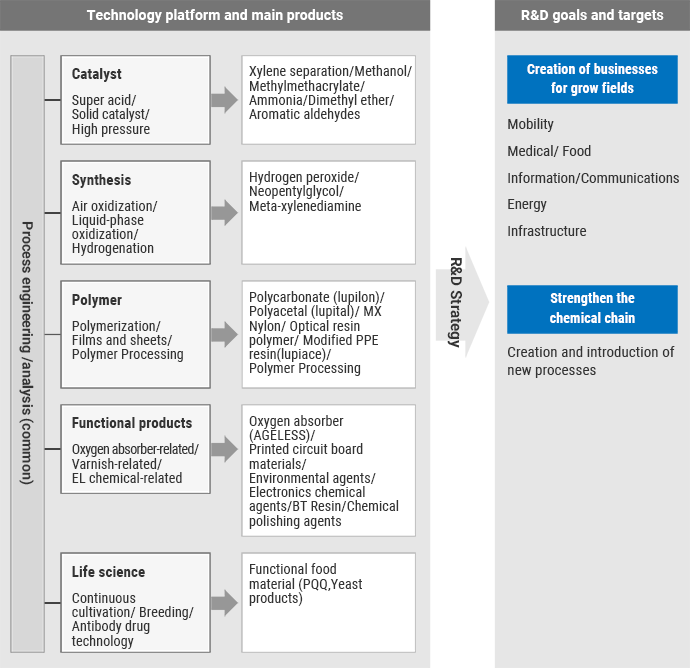 Figure: research and development strategy. It shows the relationship among technology platform, main products, and R&D goals / targets.