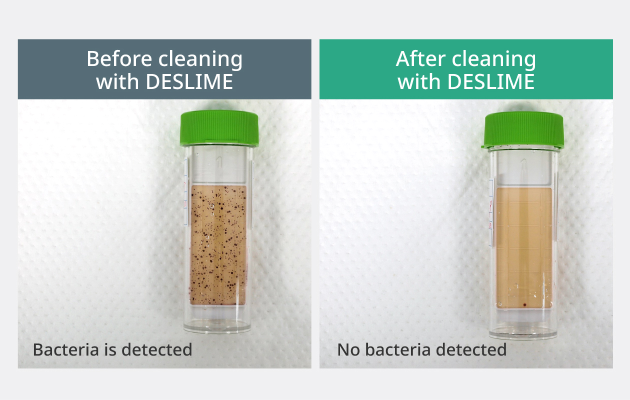 Figure: Cleaning with DESLIME and general bactericide (example of measurement using a bio-checker). It explains the detection result of bacteria before and after cleaning with DESLIME.