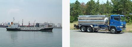 右写真：過酸化水素を輸送するローリー、左写真：輸送する船
