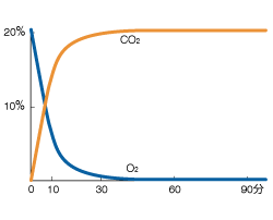 グラフ：アネロパック®・ケンキが酸素を吸収し、炭酸ガスを発生させていることを示している。