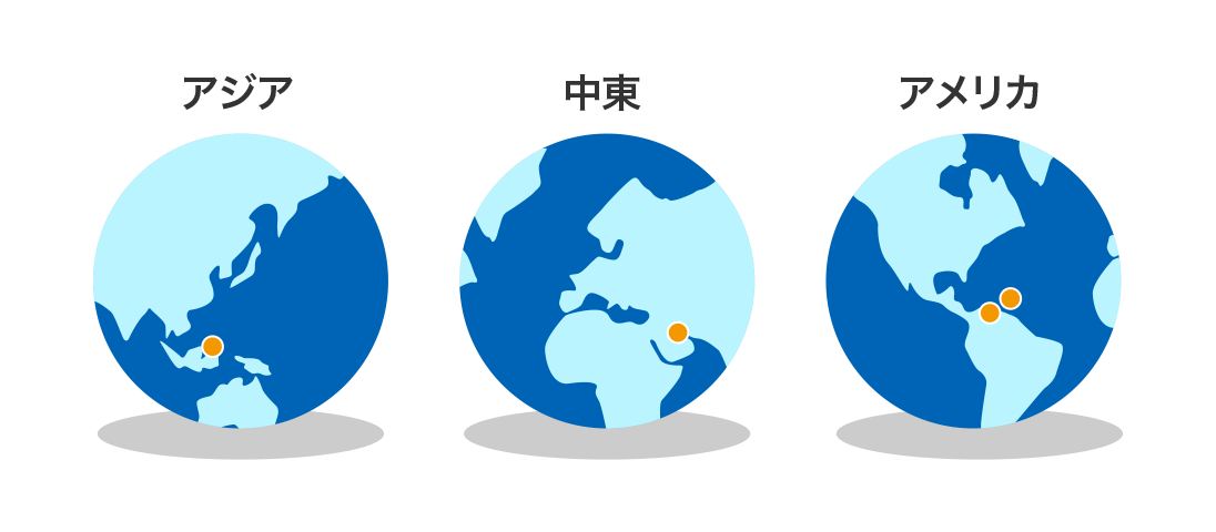 図：世界のメタノール事業拠点。アジア、中東、アメリカ
